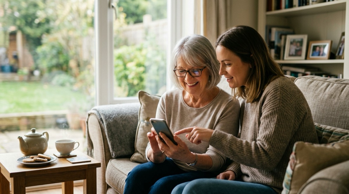 A woman and a helper smiling at a smartphone together on a living-room sofa