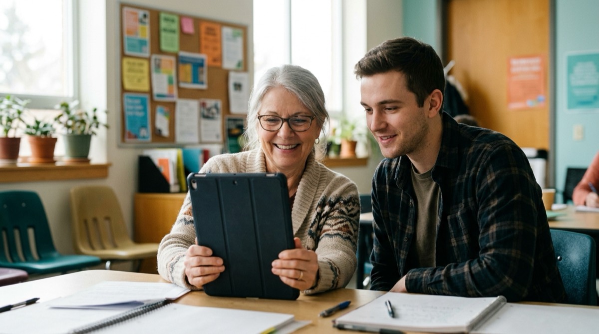 An instructor and a learner smiling at a tablet together in a community classroom