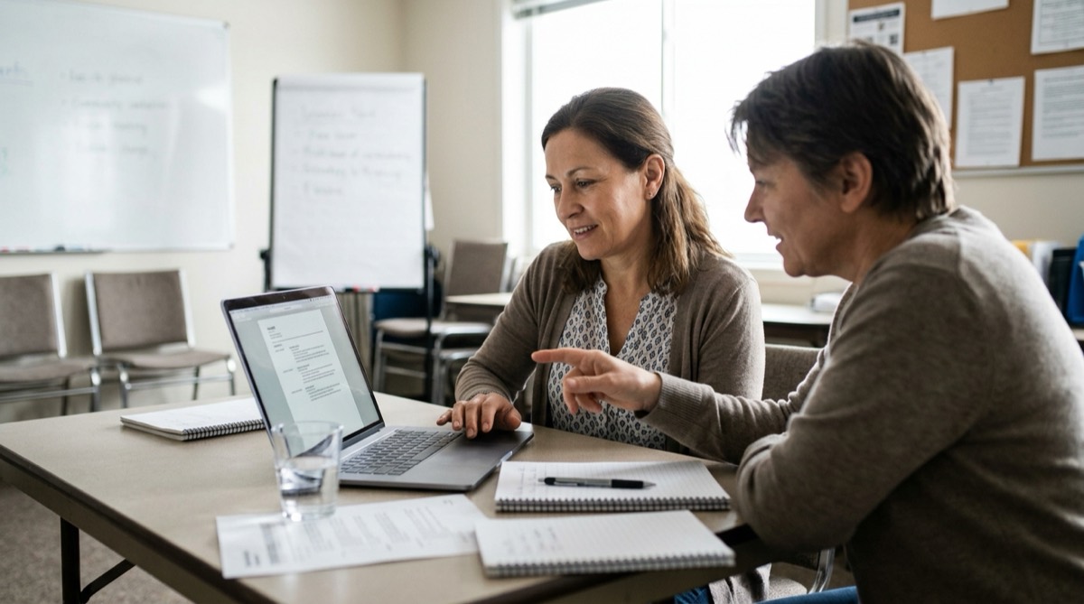 An instructor and a learner reviewing a resume on a laptop in a training room