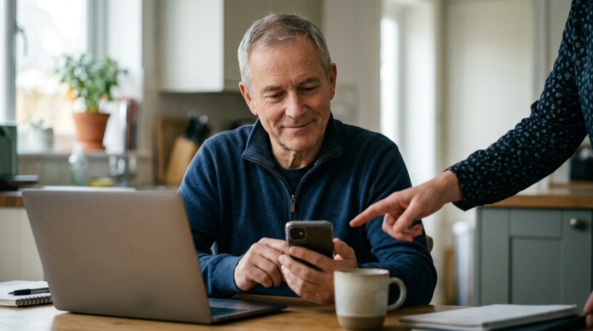 A man at a kitchen table smiling at his phone while a helper points to the screen
